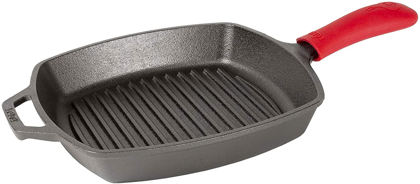 L8SGP3ASHH41B Cast Iron Square Grill Pan with Red Silicone Hot Handle Holder, Pre-Seasoned, 10.5-Inch