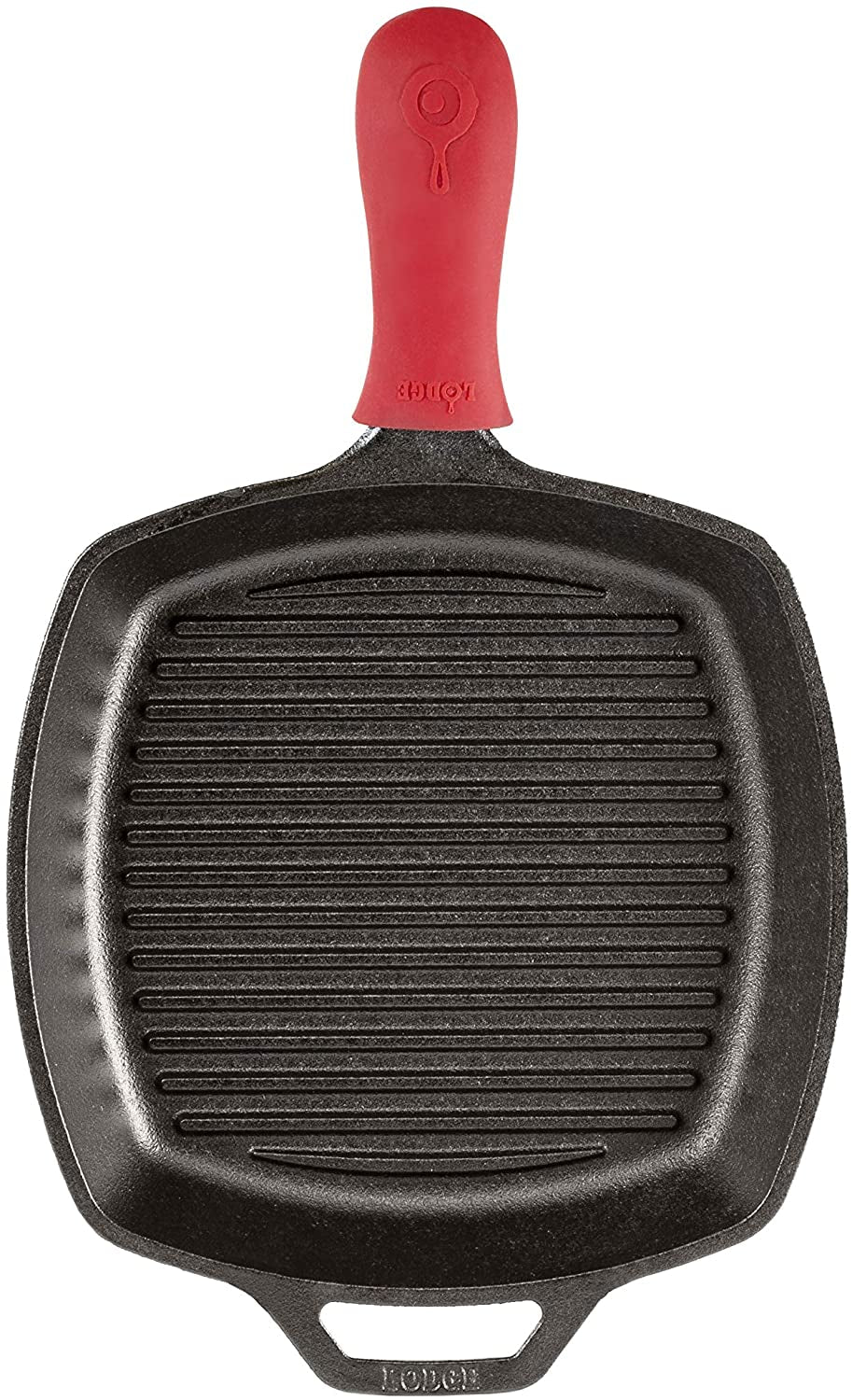 L8SGP3ASHH41B Cast Iron Square Grill Pan with Red Silicone Hot Handle Holder, Pre-Seasoned, 10.5-Inch