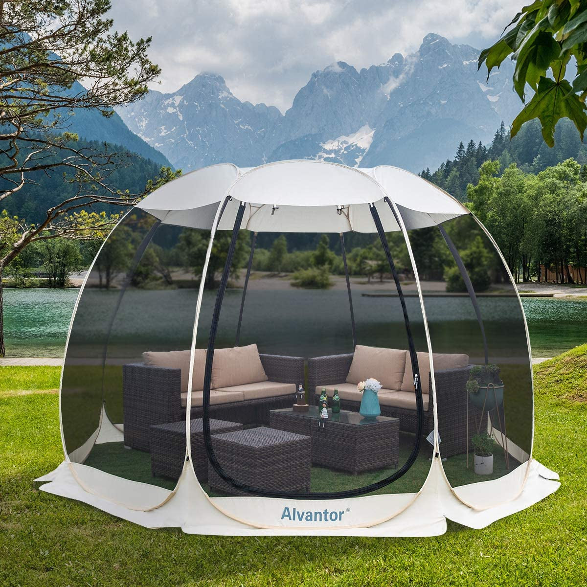 Screen House Room Camping Tent Outdoor Canopy Pop up Sun Shade Hexagon Shelter Mesh Walls Not Waterproof 10'X10' Beige Patent