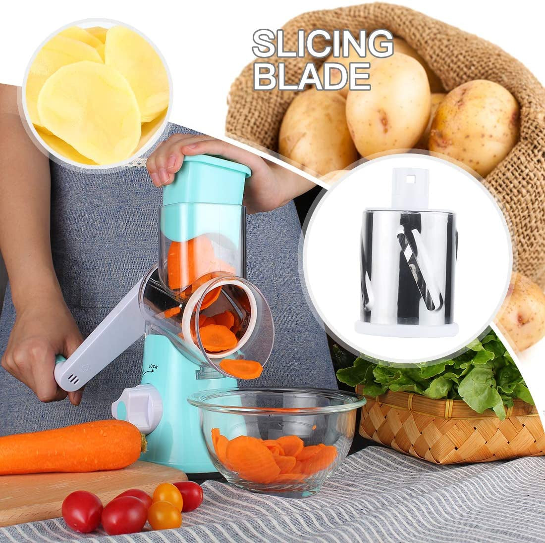 Rotary Cheese Grater 3 Drum Blades Manual Vegetable Slicer Walnuts Grinder Cheese Shredder round Mandoline with Peeler Blue