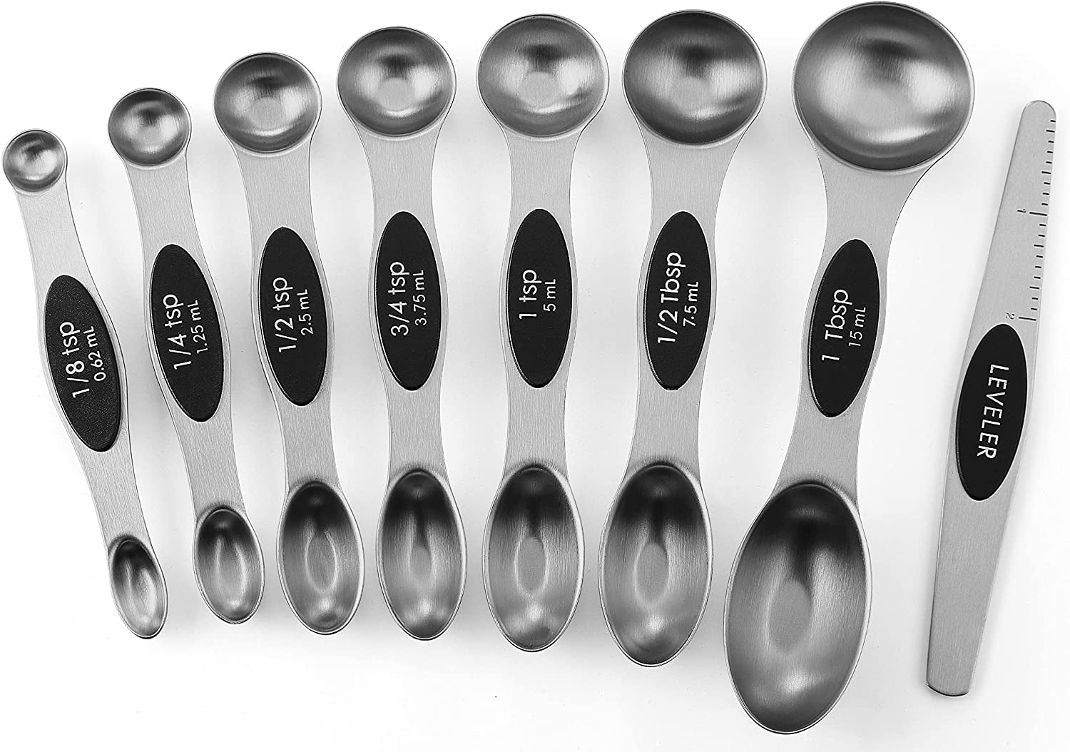 Magnetic Measuring Spoons Set, Dual Sided, Stainless Steel, Fits in Spice Jars, Black, Set of 8