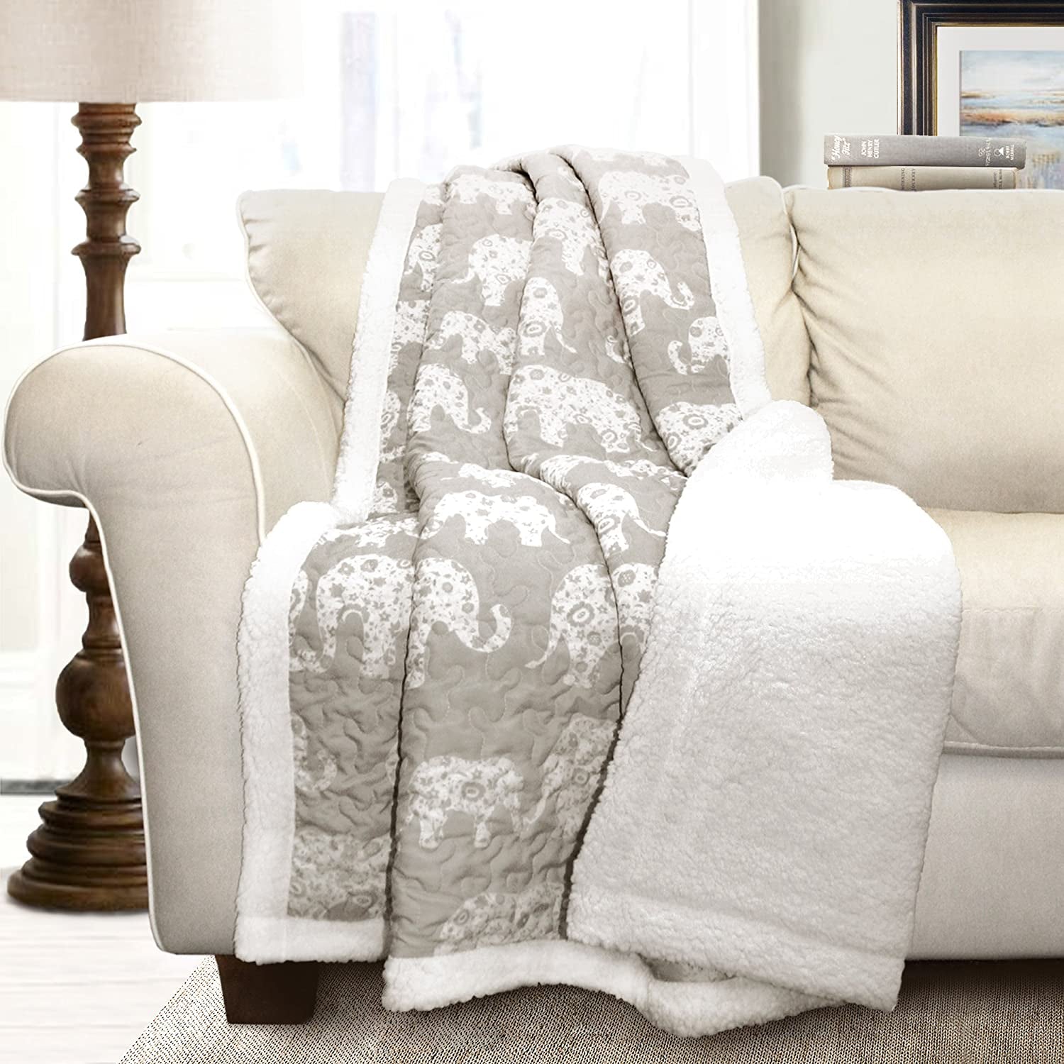 Elephant Parade Throw Fuzzy Reversible Sherpa Blanket, 60” X 50”, Gray & White