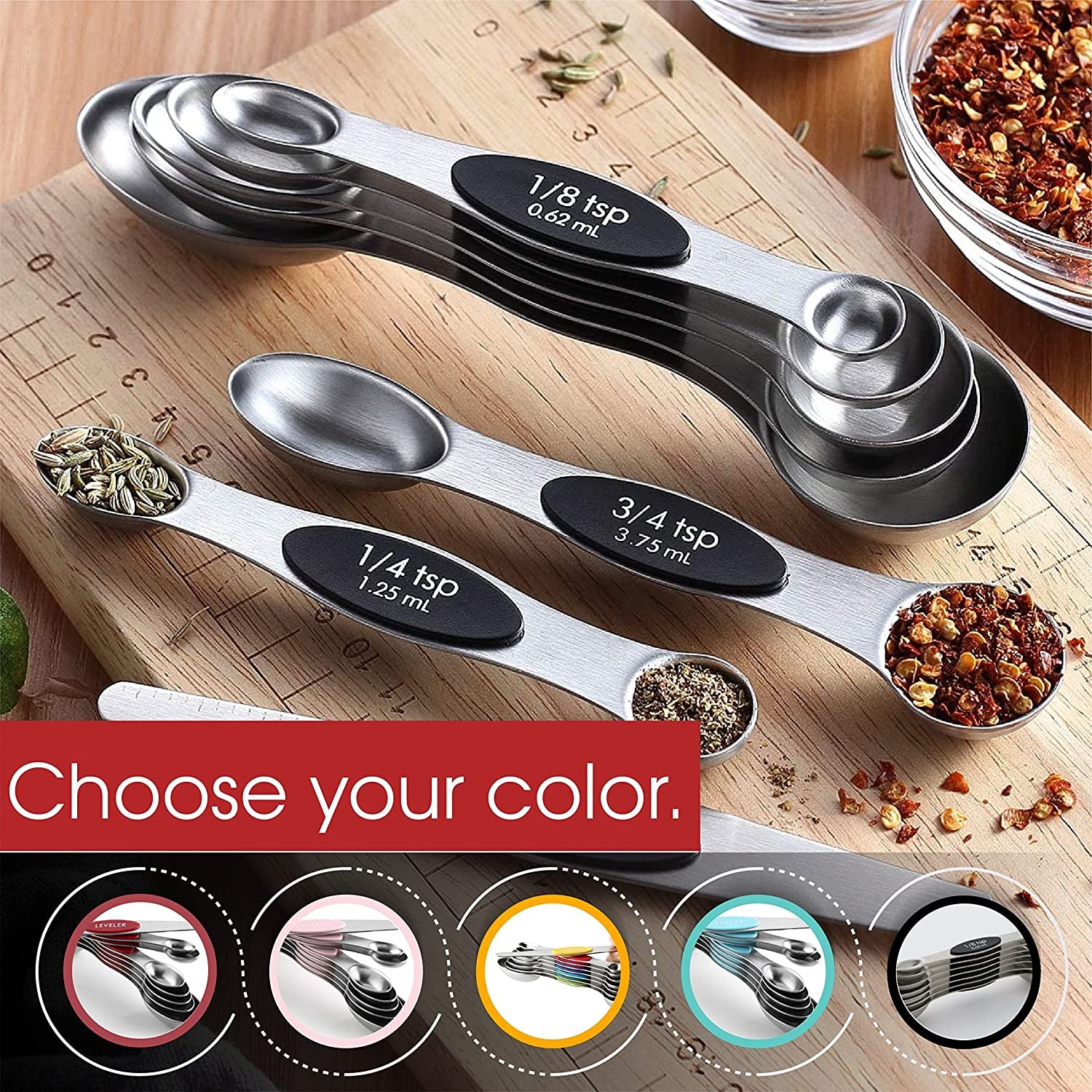 Magnetic Measuring Spoons Set, Dual Sided, Stainless Steel, Fits in Spice Jars, Black, Set of 8