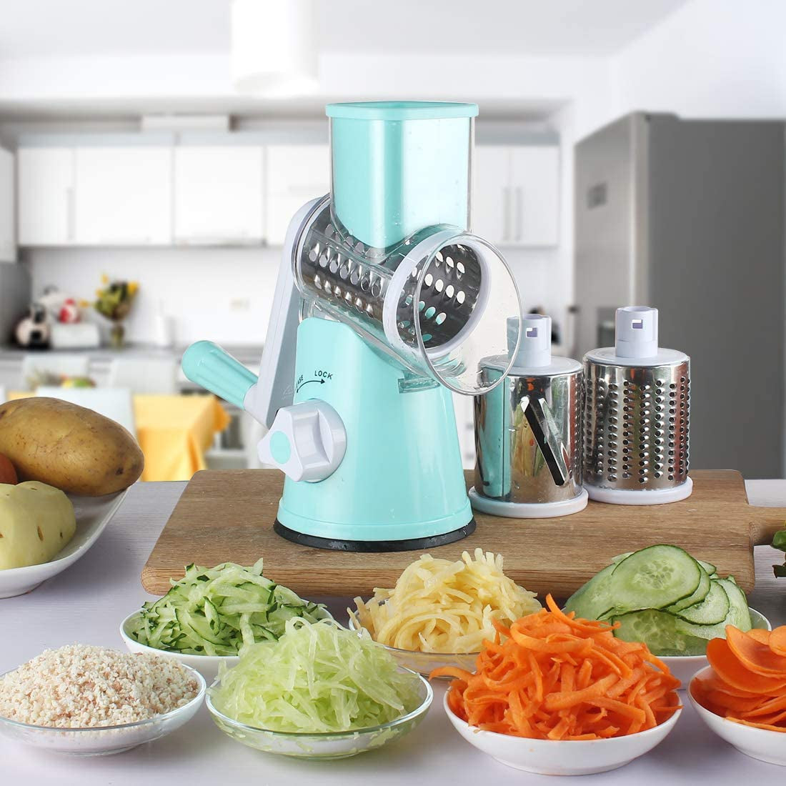 Rotary Cheese Grater 3 Drum Blades Manual Vegetable Slicer Walnuts Grinder Cheese Shredder round Mandoline with Peeler Blue