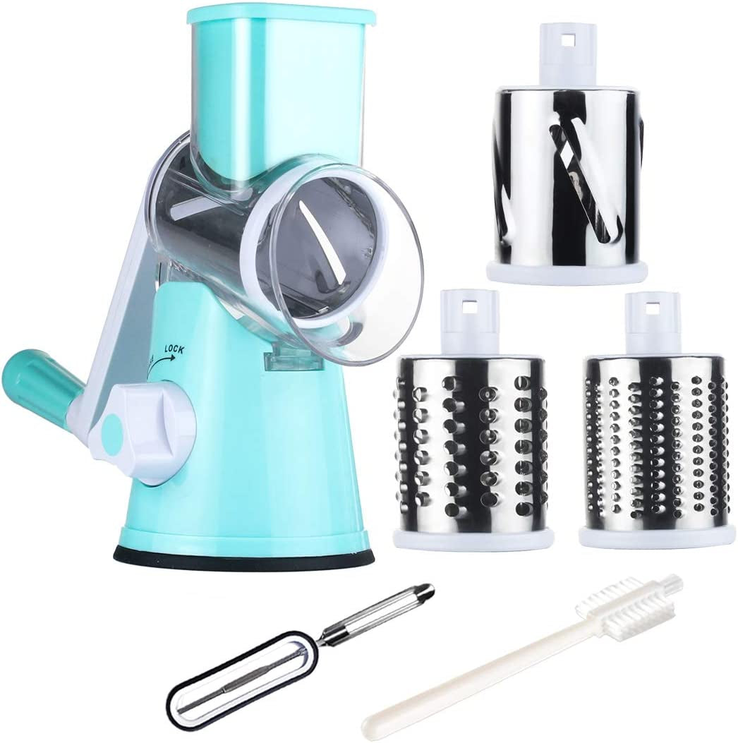 Rotary Cheese Grater 3 Drum Blades Manual Vegetable Slicer Walnuts Grinder Cheese Shredder round Mandoline with Peeler Blue