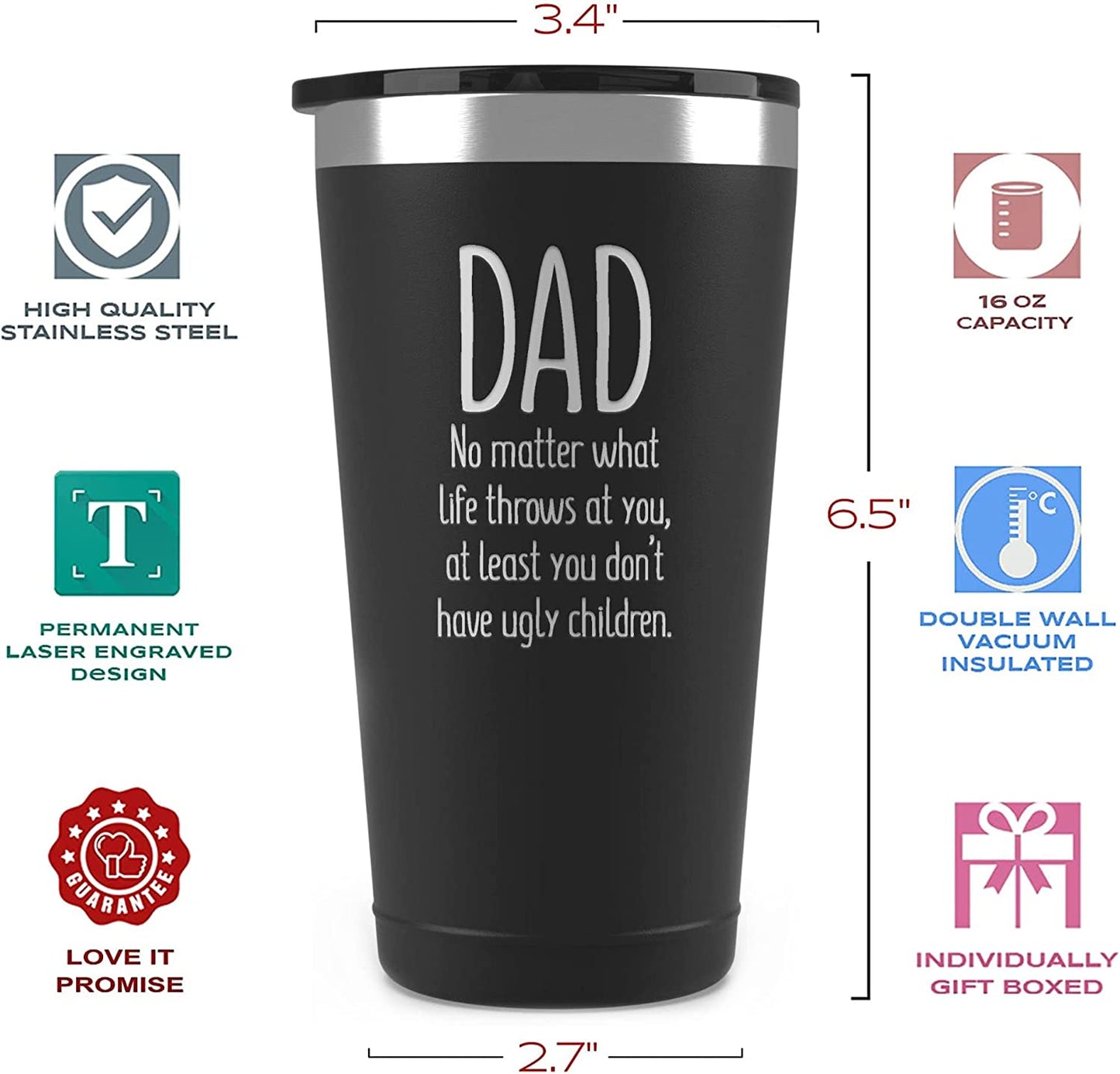 Cool Gifts for Dad - Dad, No Matter What, 16 Oz Coffee Tumbler with Lid - Gifts for Fathers Day Dad Gifts from Daughter Son - Funny Gifts for Dads - Birthday Gifts for Dad Coffee Mug Dad Tumbler Black