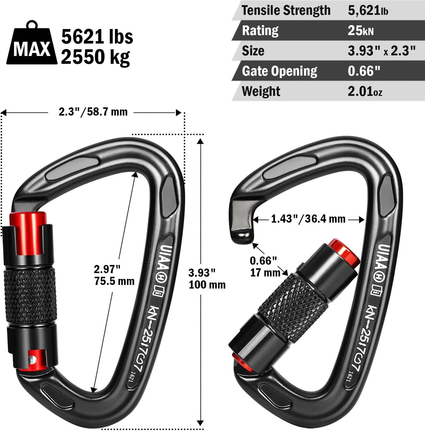 UIAA Certified 25KN Auto Locking Climbing Carabiner Clips, Twist Lock, and Heavy Duty Carabiners for Rock Climbing, Rappelling, and Mountaineering, D Shaped 3.93 Inch, Large Size, Black